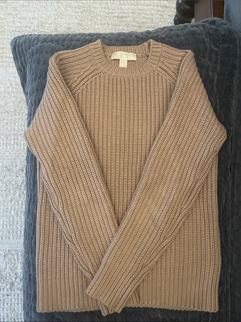 MICHAEL Michael Kors Ribbed Crewneck Sweater in Camel Brown